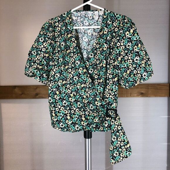 Only Riri i Gron Green Yellow Balloon Short Sleeve‎ Wrap Blouse Sz M - Picture 2 of 10